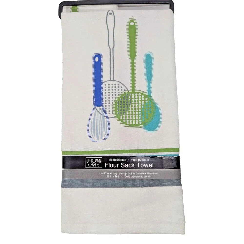 Uptown Cafe Flour Sack Towels Kitchen Utensils Blue Green Soft 2-Pc Lint Free